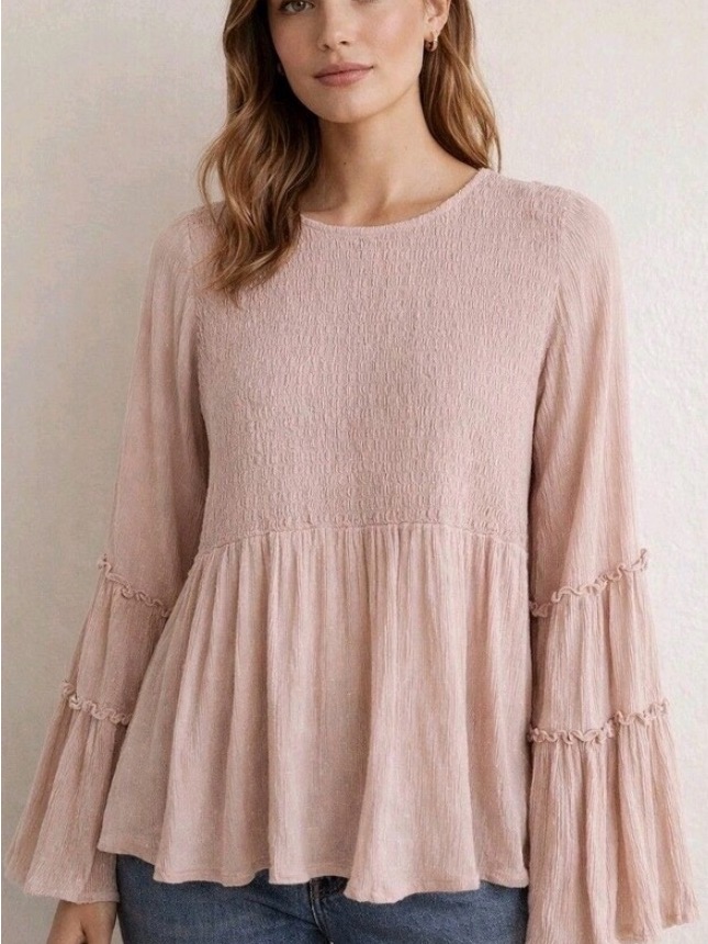 American Eagle Blush Pink Smocked Peplum Long Wide Sleeve Top
